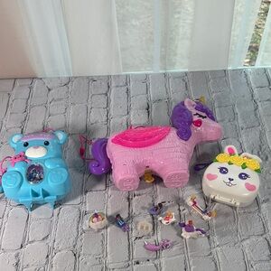 Polly Pocket Unicorn Teddy Bear Bunny Compact Lot of 3 with Dolls 7 dolls